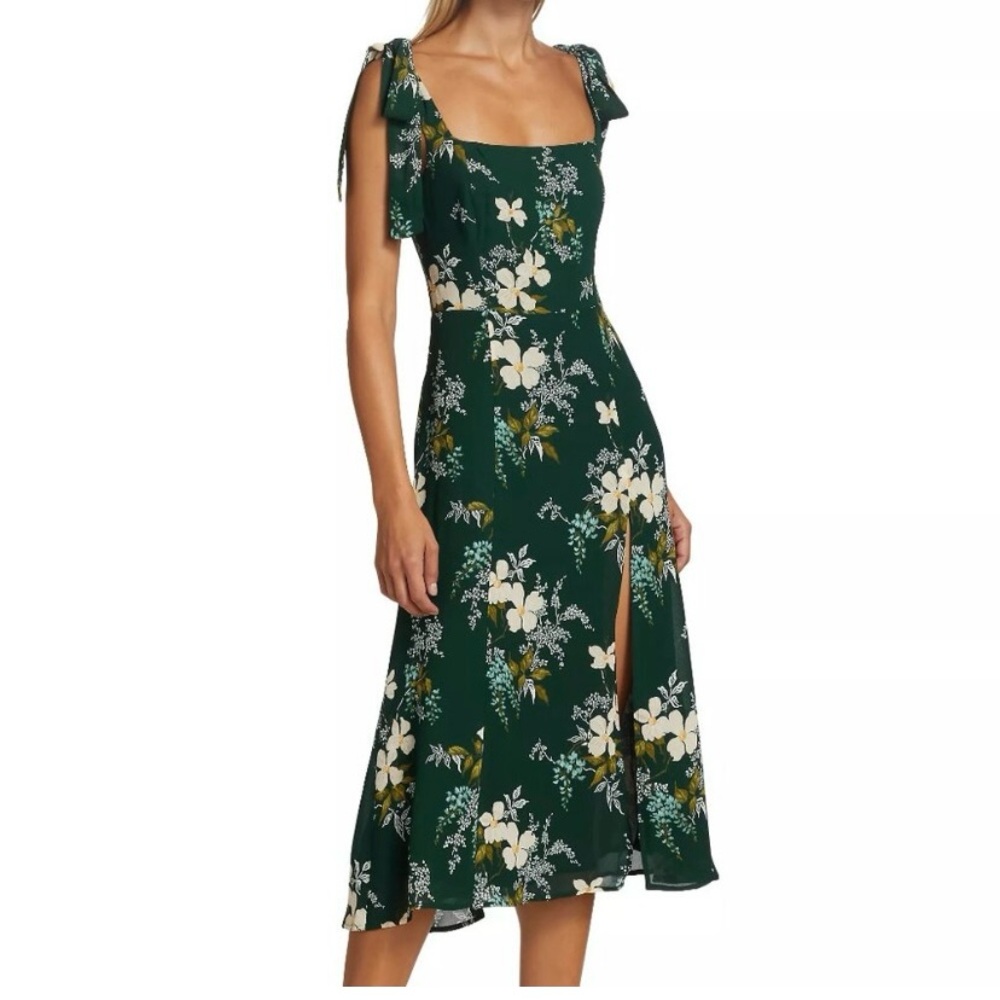Reformation Green Floral Midi Dress with White & Yellow Flowers
